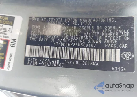 2008 Toyota Camry Xle V6 из США, поврежденный, VIN 4T1BK46K88U569407